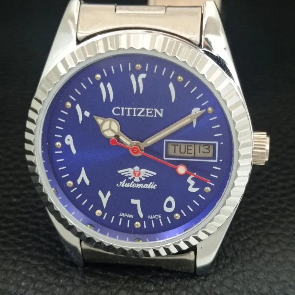 Vintage 1978 Citizen Automatic Mens Silver Watch W/daydate & Blue accents